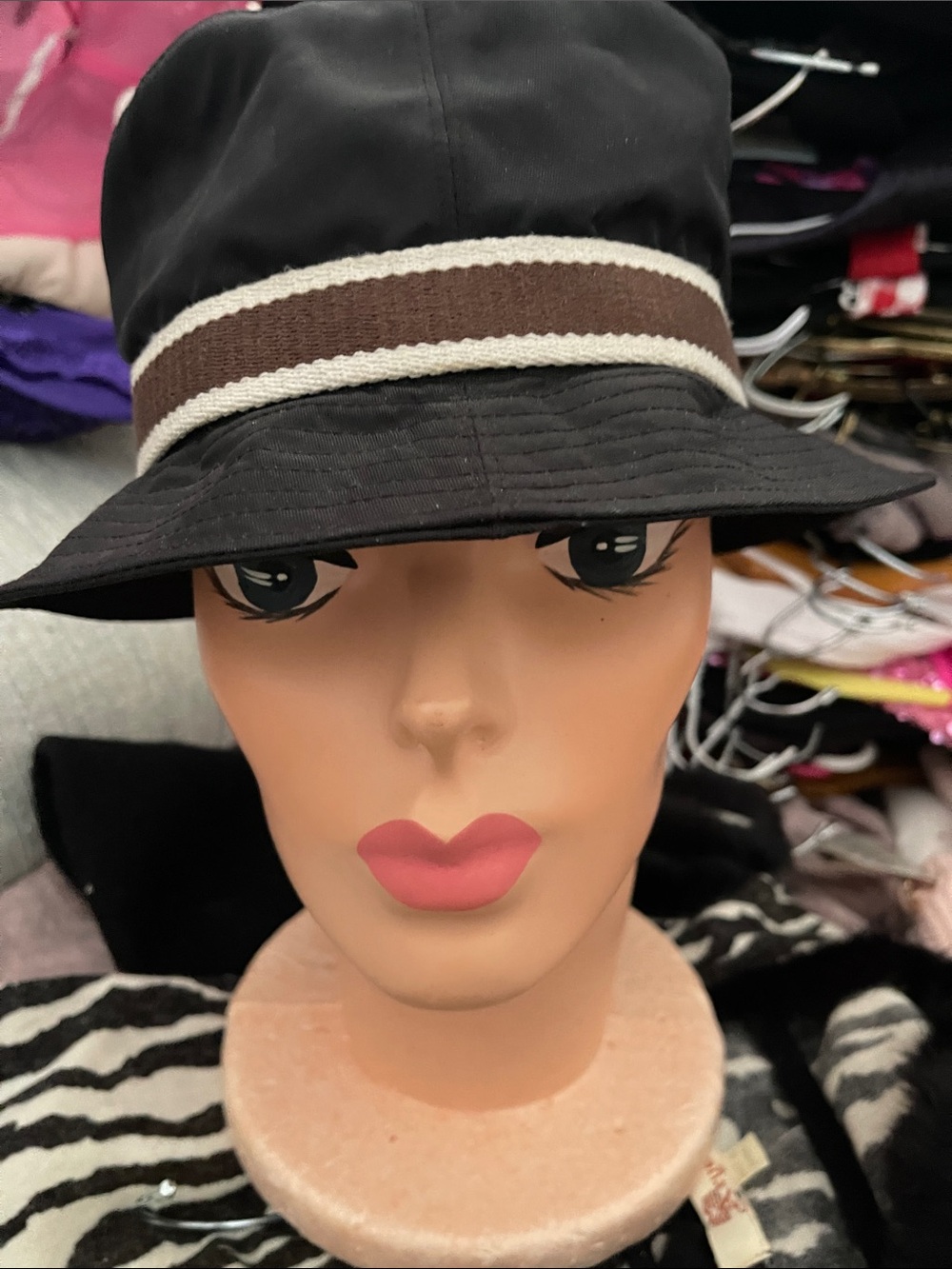 Coach Black Bucket Hat with Brown and Cream Striped Band